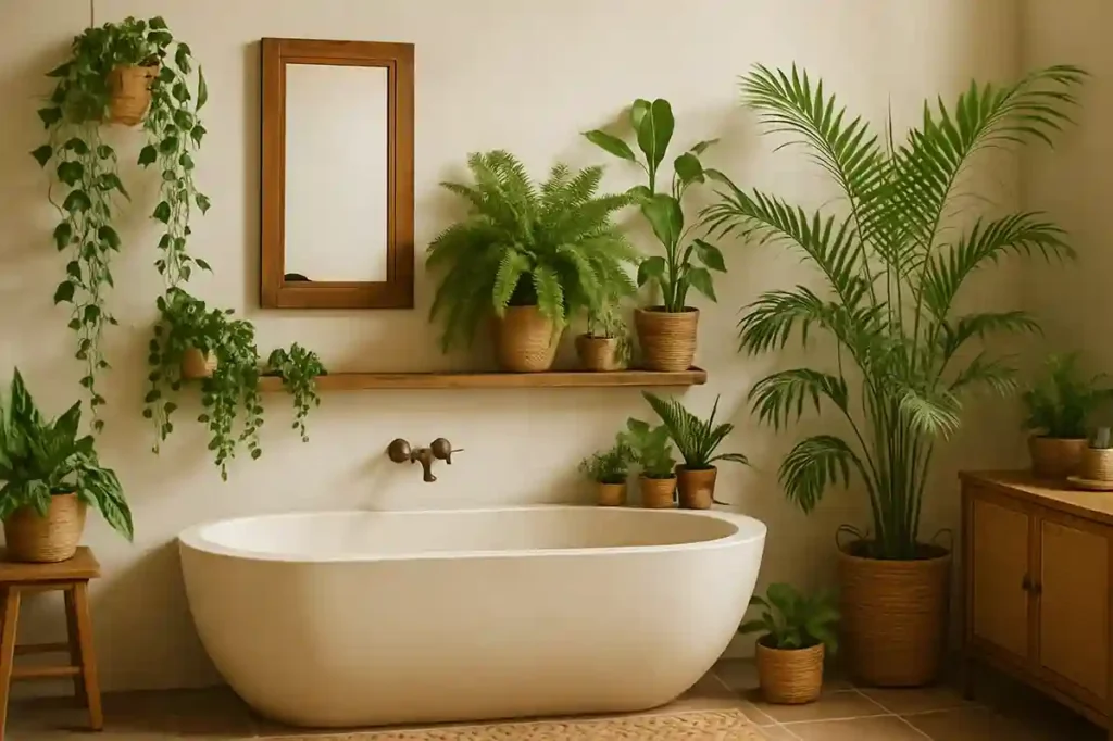 A serene boho bathroom with a freestanding tub, wooden accents, and lush greenery including trailing plants, leafy ferns, and tall potted palms.