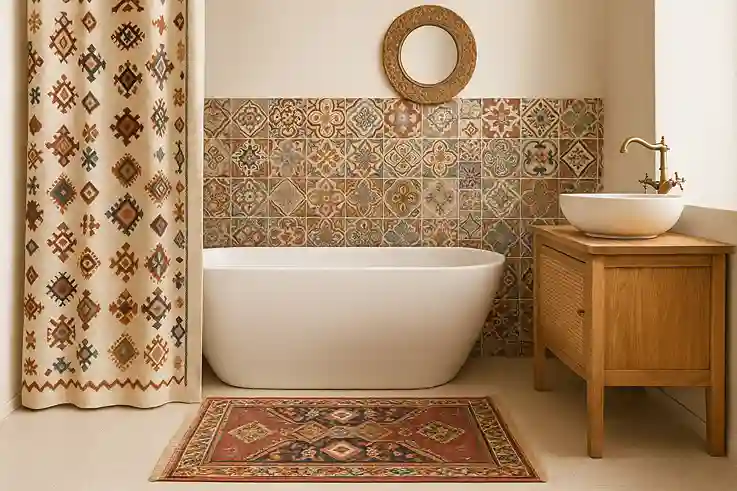 A boho bathroom with patterned tiles, a kilim rug, and a printed shower curtain, creating a colorful, warm, and layered look.