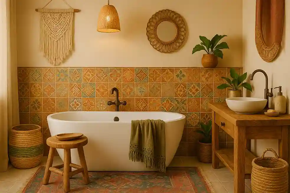 Warm boho bathroom with layered textiles, woven baskets, rattan accents, and patterned tiles creating a cozy, artistic, nature-inspired space.