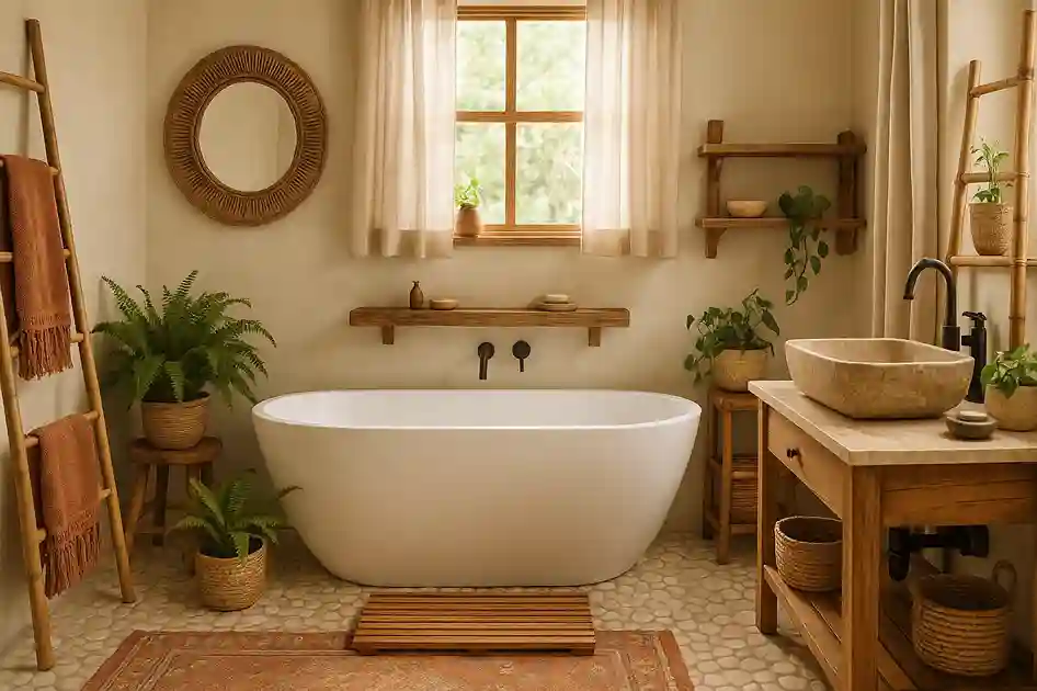 Boho bathroom with warm wood accents, rattan details, stone elements, and lush plants creating an earthy, textured, nature-inspired space.