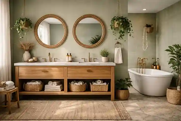 Boho green bathroom with muted tones, woven baskets, plants, wood accents, and layered textures creating a relaxed, personal, natural space.