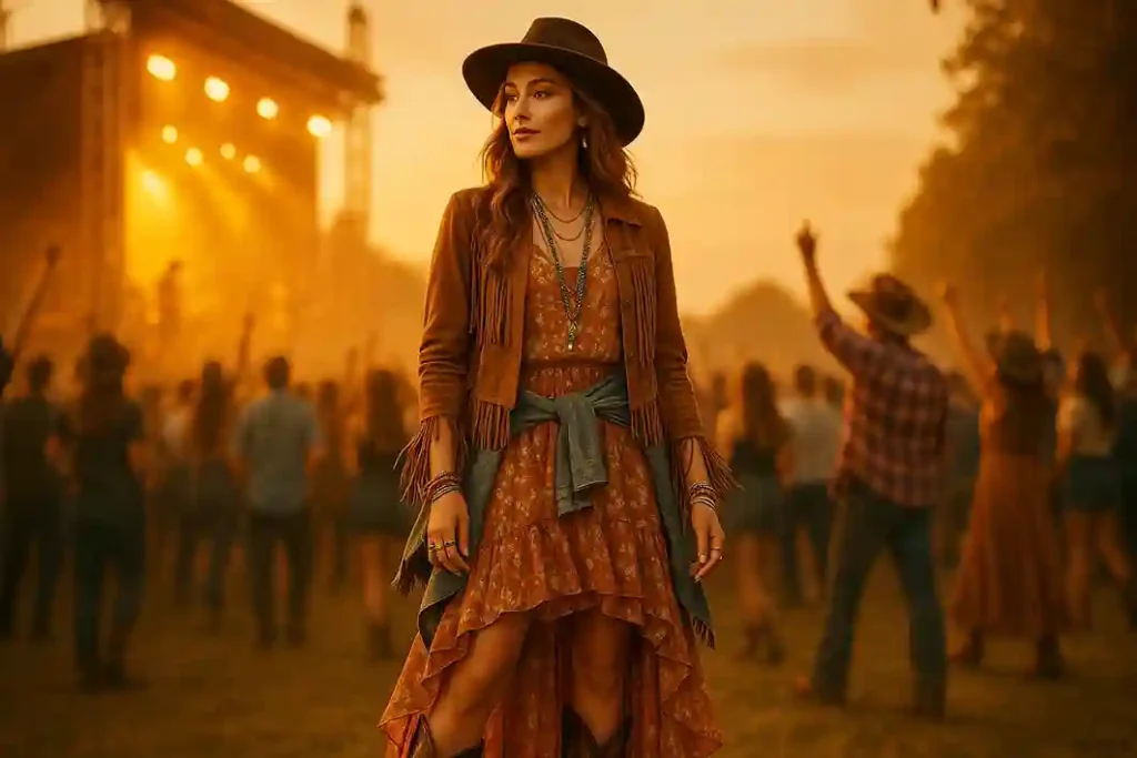 Boho and country concert outfit ideas with a flowy dress, fringe layers, cowboy boots, and earthy accessories at an outdoor concert scene.