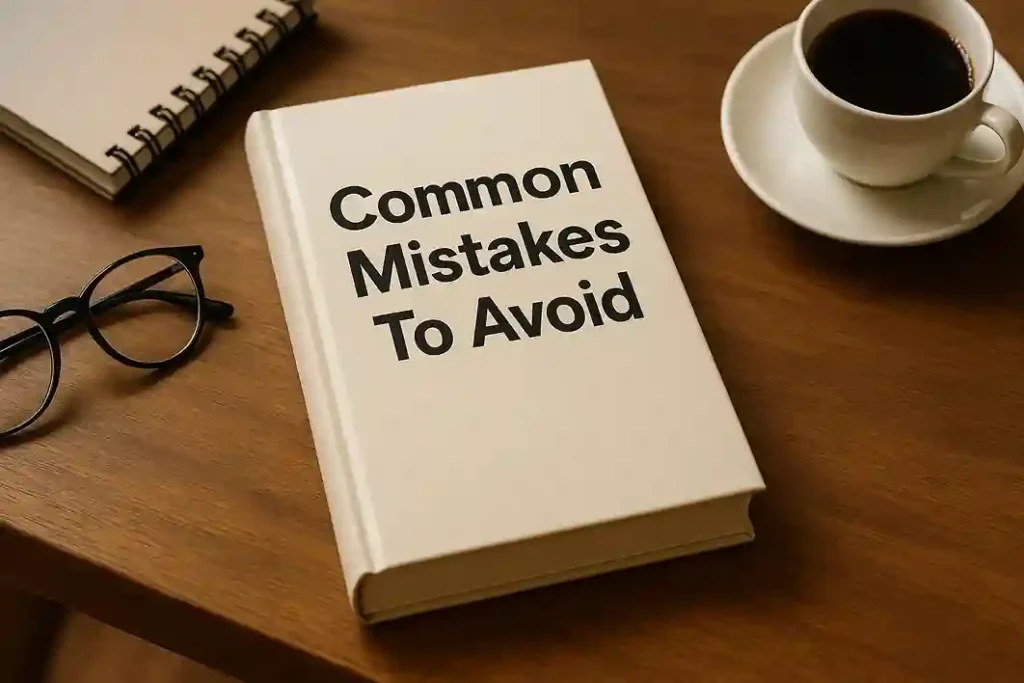 Hardcover book titled “Common Mistakes To Avoid” lying on a wooden table with reading glasses, notebook, and coffee cup nearby.