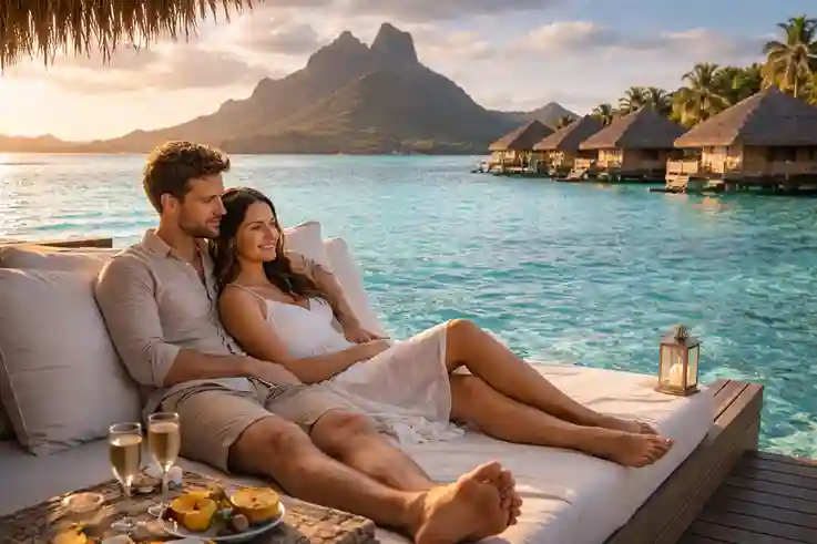 Couple enjoying the stunning turquoise lagoon of Bora Bora, showcasing one of the best honeymoon destinations.