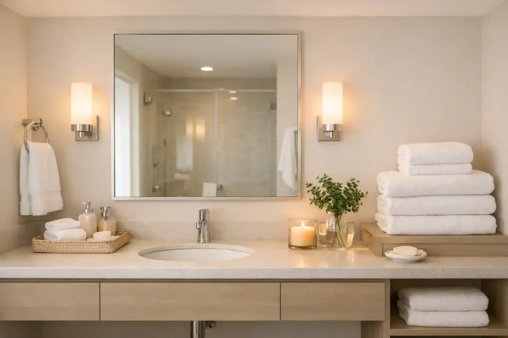 Small guest bathroom with soft towels, warm lighting, clean mirror, neutral colors, candles, and a plant for a calm feel