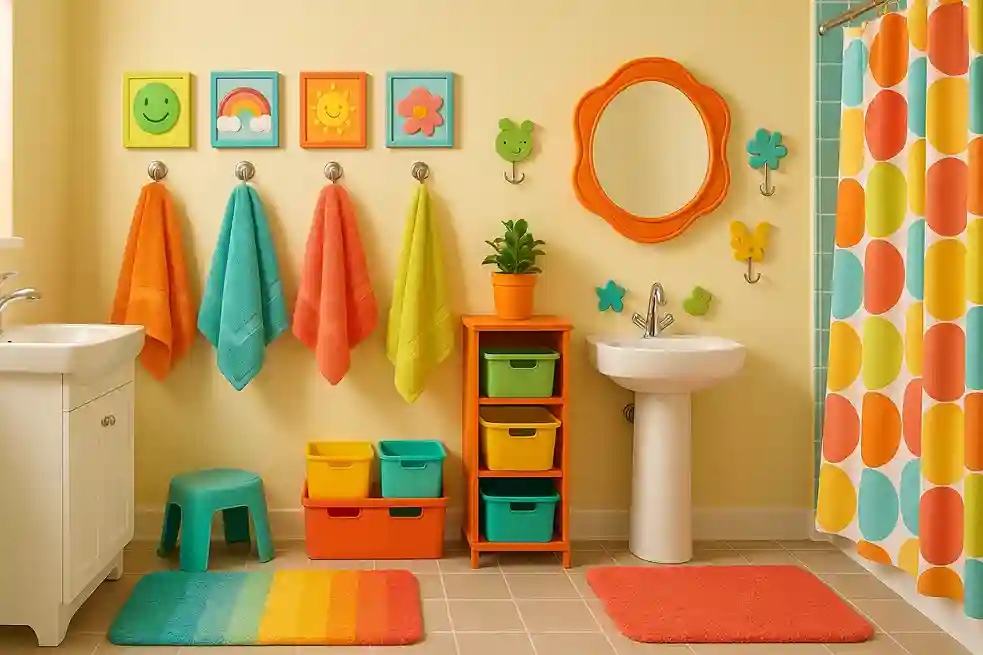 Bright and colorful kids’ bathroom with vibrant décor, playful accents, soft rugs, and cheerful accessories that spark joy.