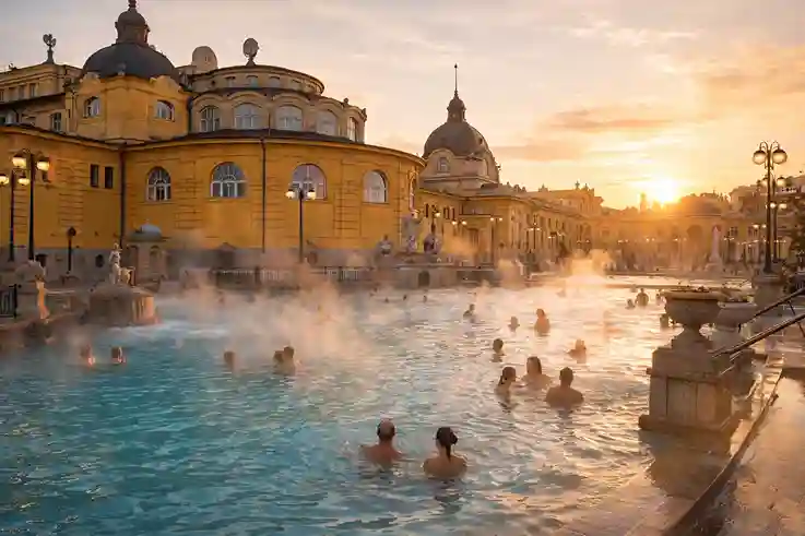 Budapest thermal baths with warm steaming pools, elegant architecture, and a relaxing spa atmosphere.