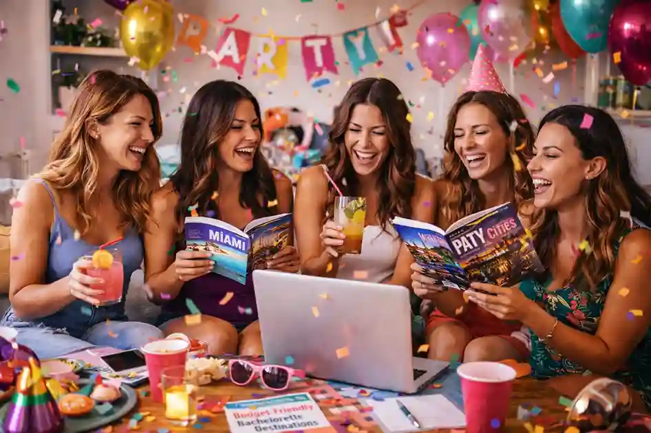 Group of girls happily planning travel together for Budget-Friendly Best Bachelorette Party Destinations