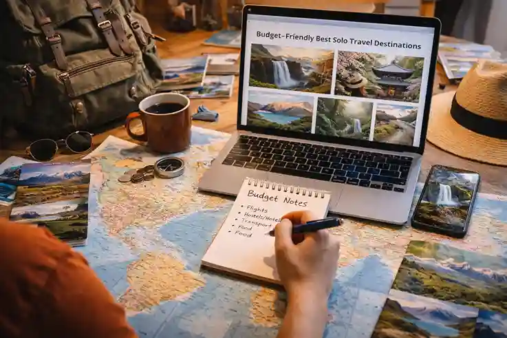 A solo traveler planning a trip with maps and a laptop, preparing to explore Budget-Friendly Best Solo Travel Destinations.
