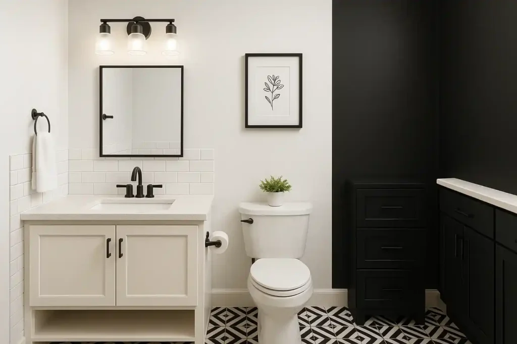Black and white bathroom decor with fresh paint, peel-and-stick tiles, new hardware, and modern lighting for an affordable makeover.