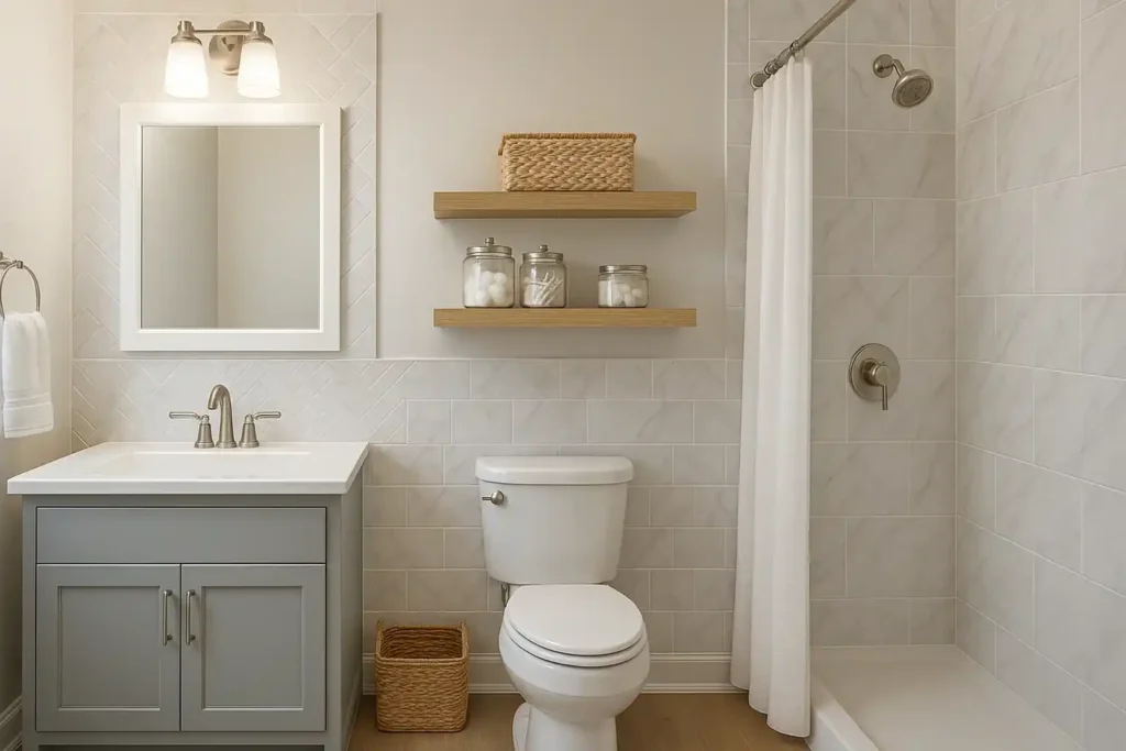 Budget small bathroom with marble-look tiles, light paint, peel-and-stick accents, updated hardware, and elegant finishes
