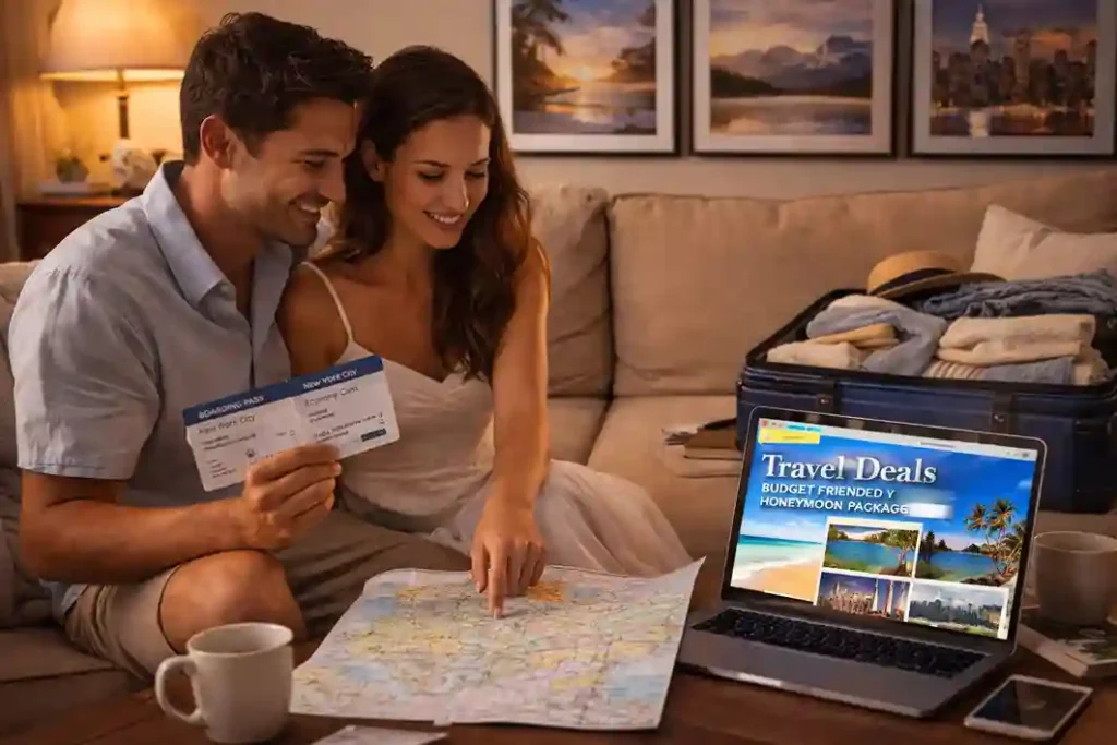 A couple planning a budget-friendly honeymoon with a laptop, travel map, and suitcase while dreaming of USA destinations.