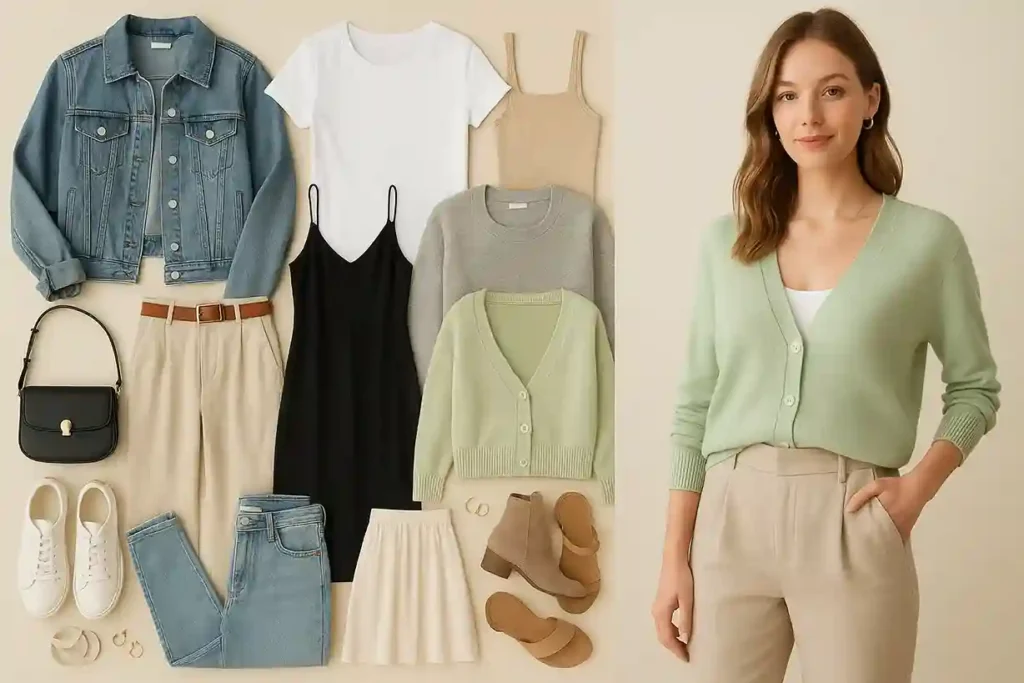 A curated capsule wardrobe featuring versatile essentials styled to create cute looks.