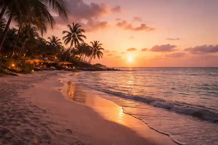 Peaceful tropical beach at sunset with soft waves, warm skies, and a calm, soothing atmosphere.