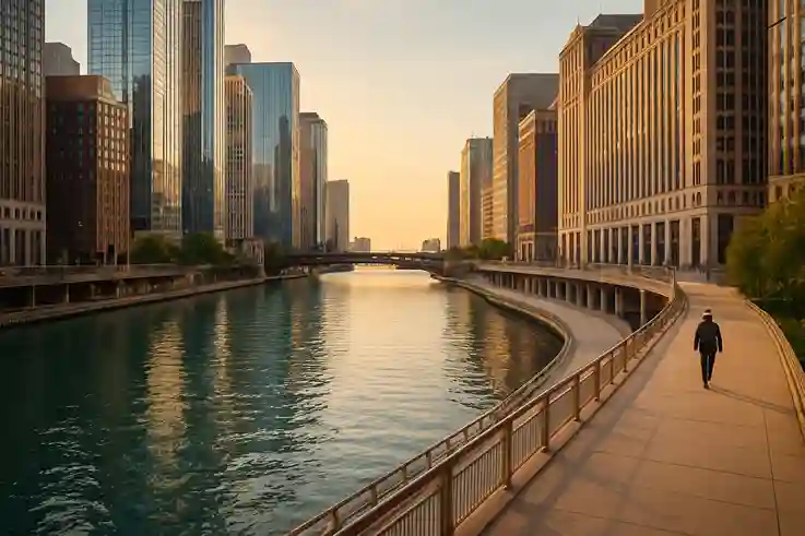 A calm Chicago Riverwalk path with wide views and gentle water during a quiet morning walk.