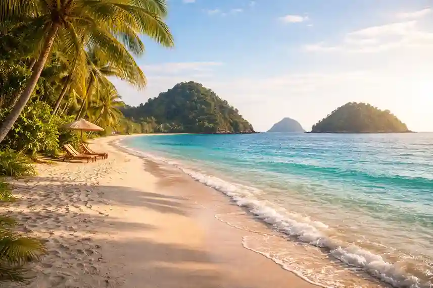 A calm tropical beach with clear blue water, white sand, and small nearby islands creating a peaceful and welcoming setting.