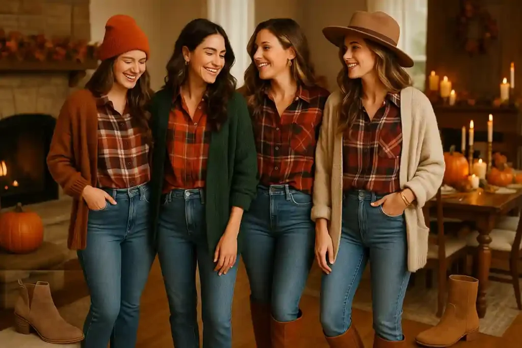 Models wearing light-wash jeans, flannel shirts, and cardigans in a cozy home decorated for Thanksgiving, styled with boots and warm fall tones.