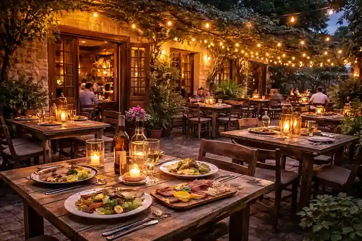 Cozy outdoor local dining setup with warm lights, rustic tables, and beautifully plated regional dishes.