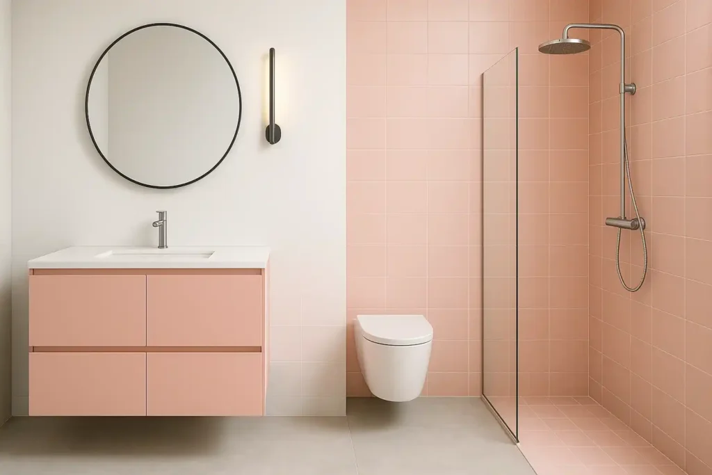 A minimalist bathroom with matte pink cabinetry, a white quartz countertop, sleek fixtures, and soft gray and white accents for a calm, modern look.