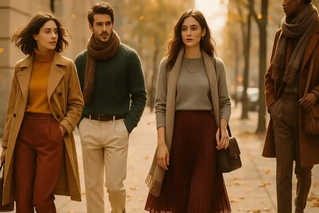 Fall outfits in mustard, rust, forest green, and burgundy styled with camel and cream neutrals.