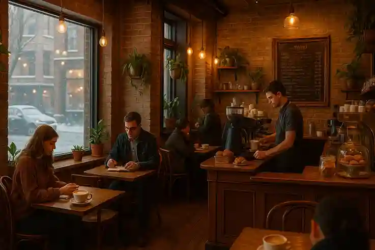 Chicago bucket list local coffee shop with warm lighting, wooden tables, and cozy charm.