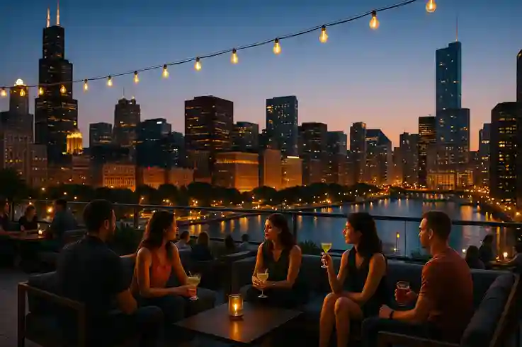 Chicago bucket list rooftop bar at sunset with glowing skyline views and warm city lights.