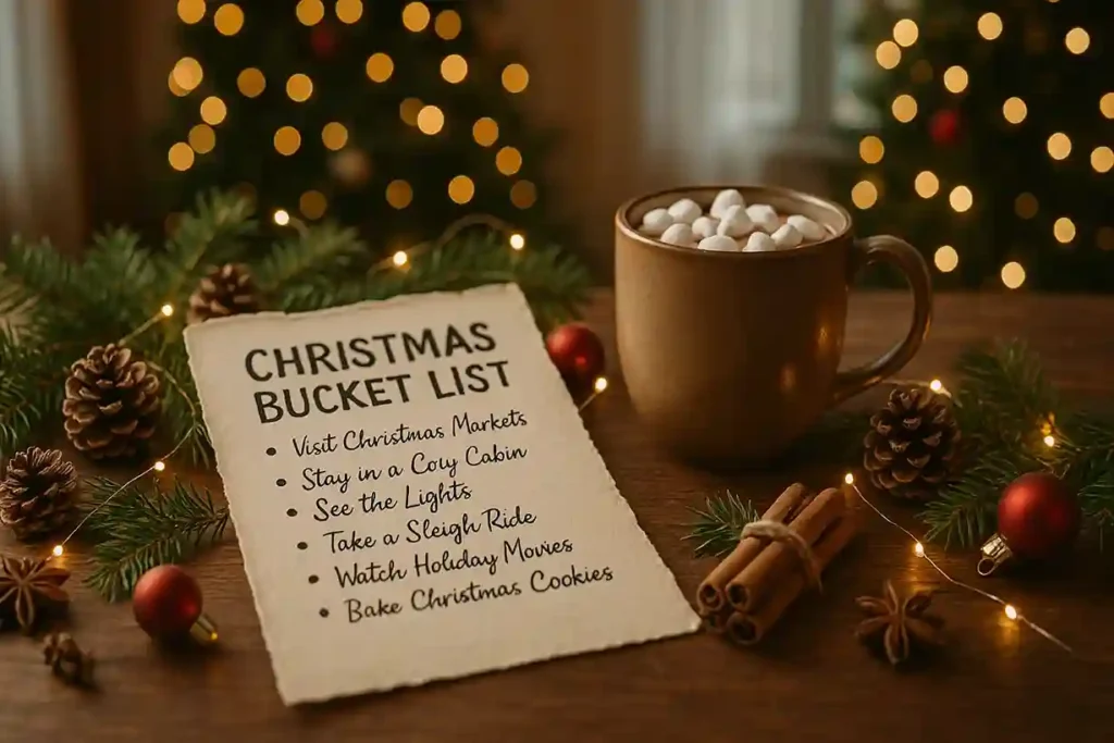 Christmas bucket list on a wooden table with hot cocoa, evergreen branches, ornaments, and warm holiday lights in the background.