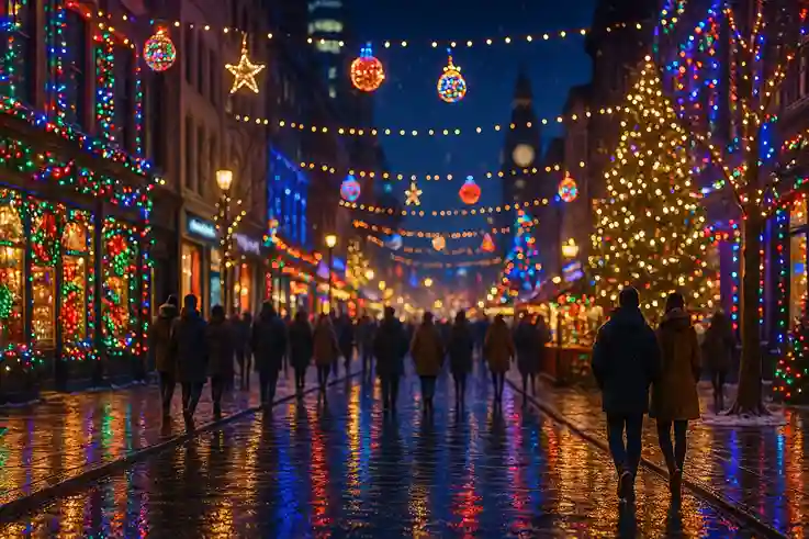A vibrant city street at night decorated with colorful Christmas lights, sparkling buildings, glowing trees, and people enjoying the festive atmosphere.