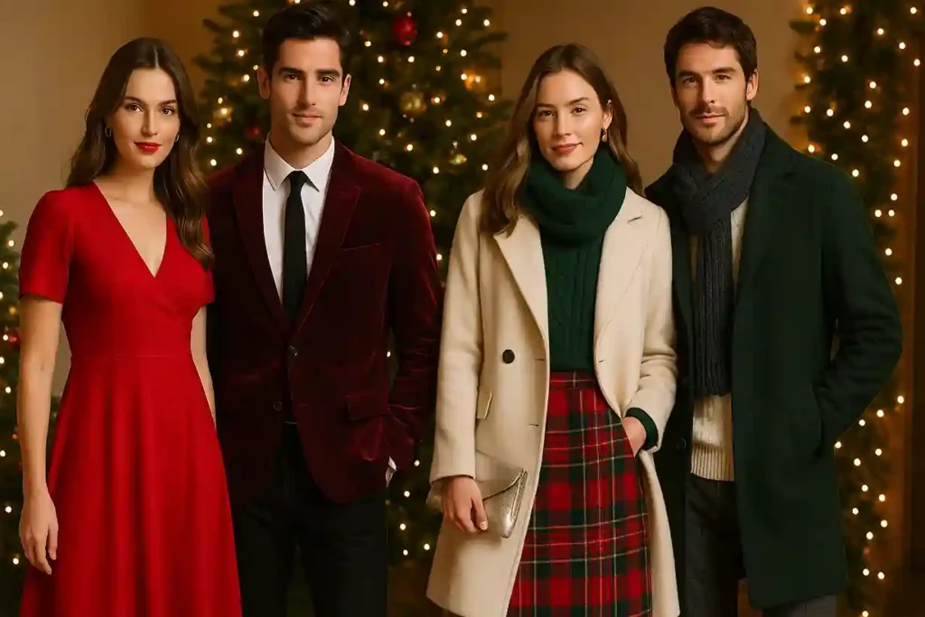 Classic Christmas outfits featuring red dresses, velvet suits, tartan pieces, and cozy winter layers in festive seasonal colors.