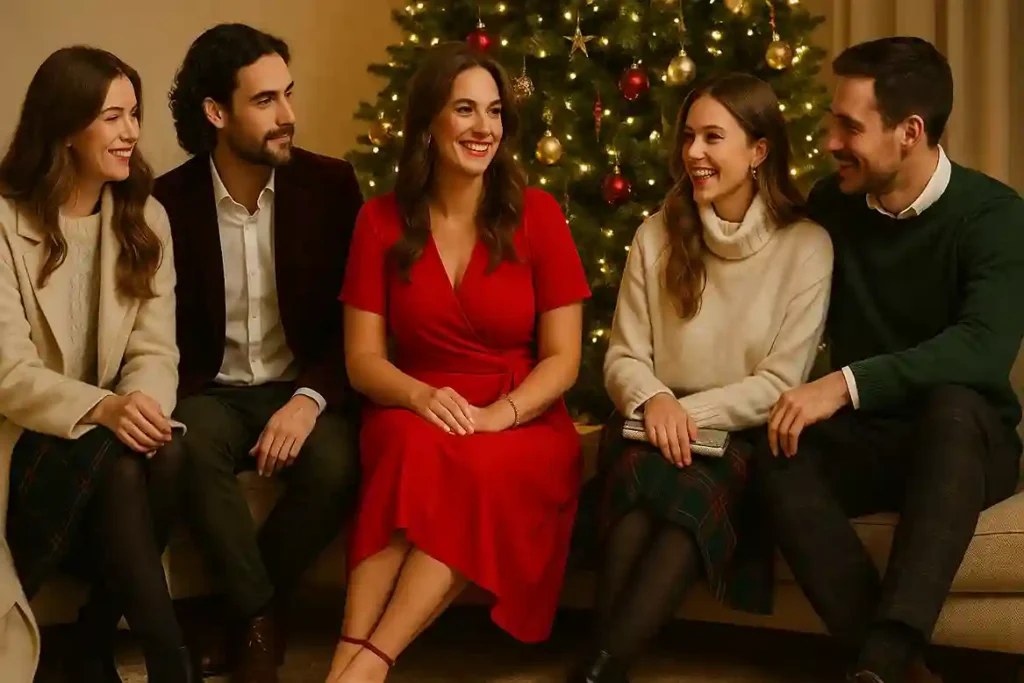 People in classic Christmas outfits sitting around a glowing tree, wearing red, velvet, tartan, and layered winter textures.