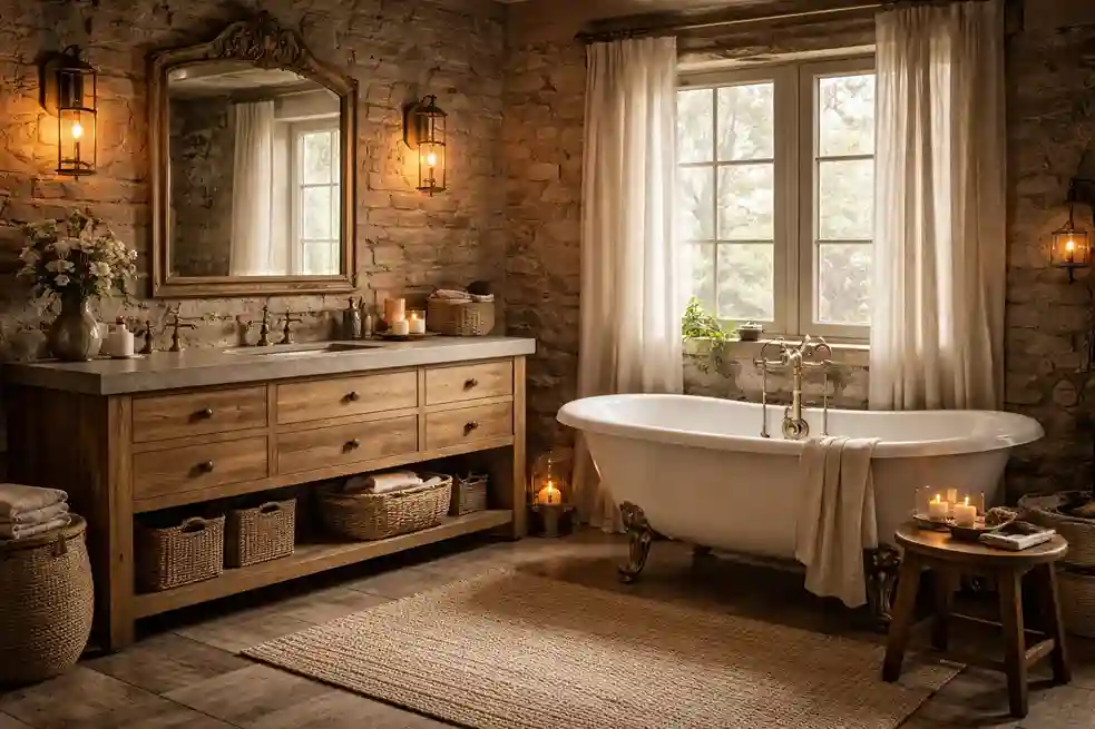 Classic rustic bathroom with reclaimed wood vanity, stone walls, clawfoot tub, and warm vintage lighting.