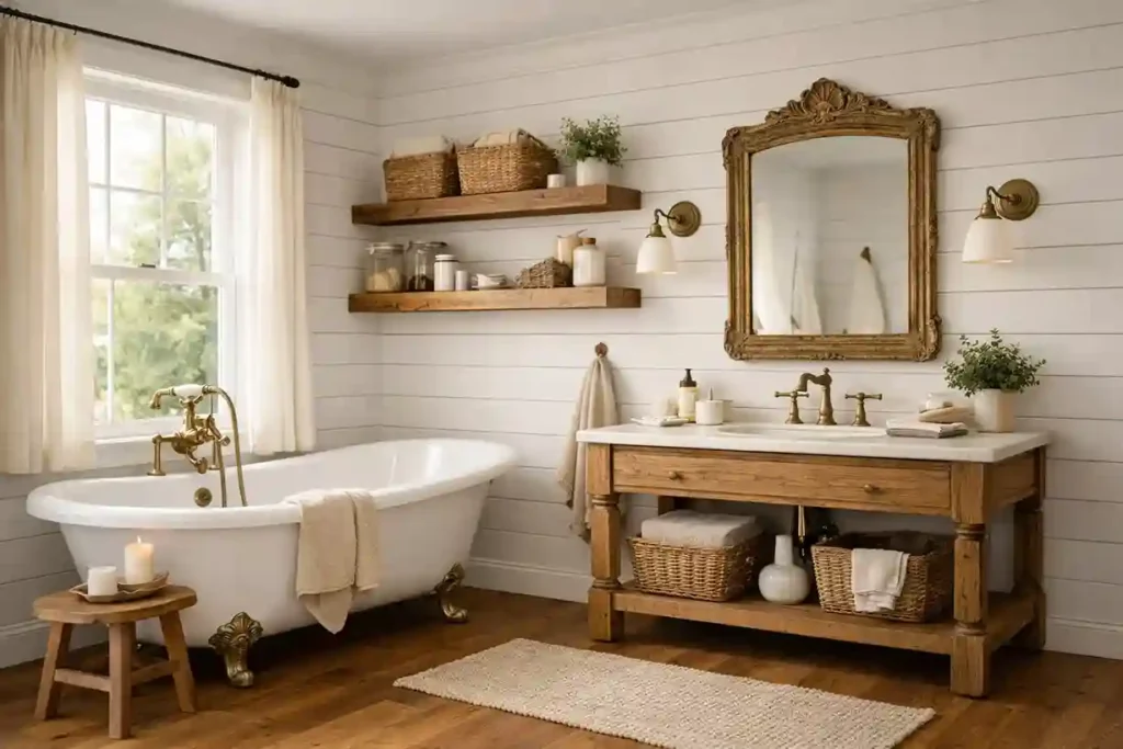 White farmhouse bathroom ideas with shiplap walls, clawfoot tub, wooden shelves, antique mirror, and warm rustic accents.
