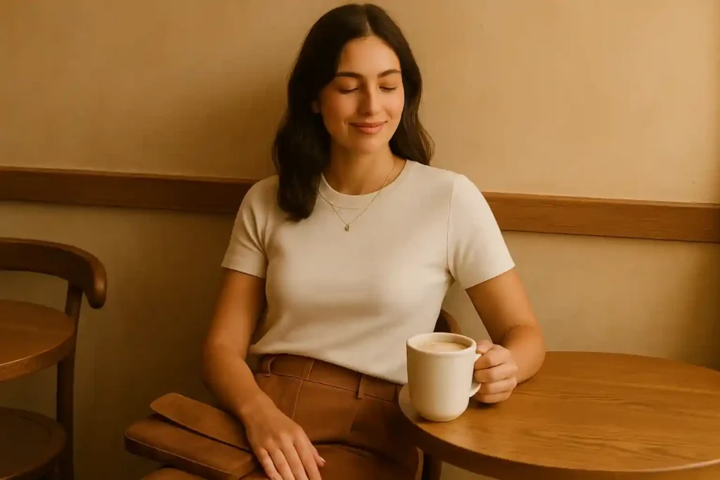 Woman in warm-toned coffee date outfit with a soft knit top, tailored pants or skirt, and light textures for an effortless look.