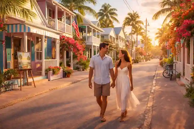 A couple walks hand in hand along colorful Key West streets with pastel homes, tropical trees, and a warm, lively but calm island atmosphere.