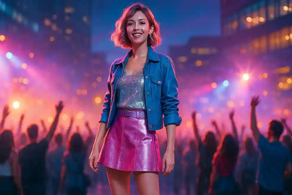Concert-goer in colorful pop and indie-inspired clothing with sequins, pastels, and bold accessories under glowing concert lights.
