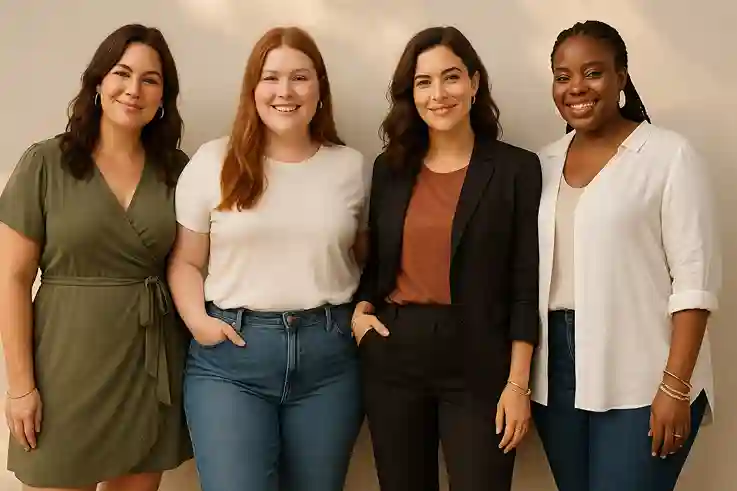 Models of diverse sizes wearing wrap dresses, high-rise jeans, tunics, and blazers styled with comfortable fabrics and expressive accessories.