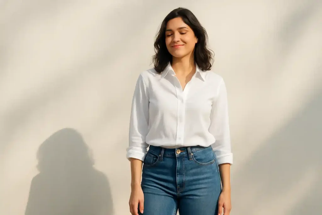 A confident woman outdoors wearing a well-fitted, stylish outfit that reflects her personal style, radiating authenticity and self-assurance.