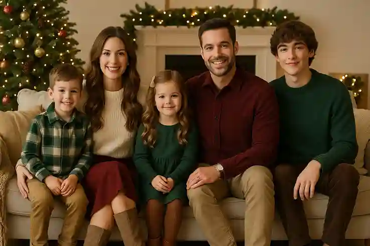 A family in coordinated christmas outfit ideas wearing deep green, ivory, burgundy, and gold with cozy textures like flannel, knitwear, and fleece.