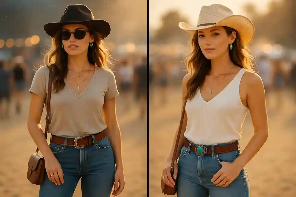 Woman in western-inspired country concert accessories, including a felt hat, belt, jewelry, statement boots, and a crossbody bag.