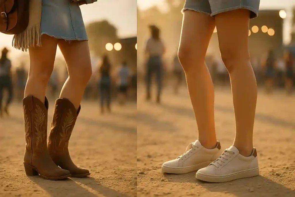 Woman wearing western boots, short booties, and leather sneakers styled for a country concert with comfort and fashion in mind.