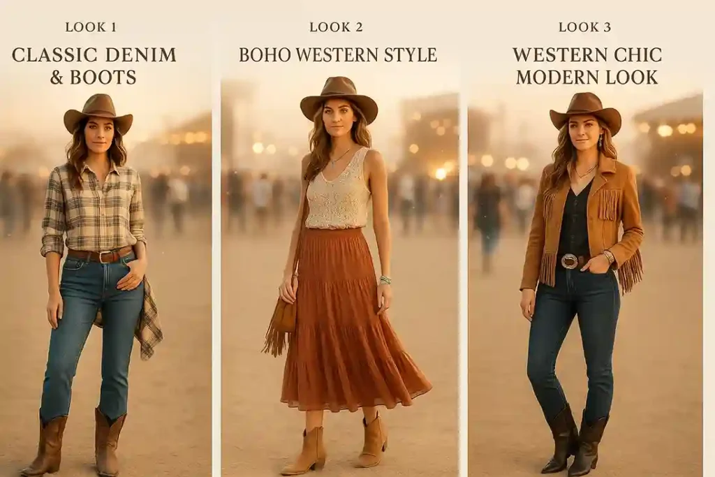 Collage of country concert outfit ideas including denim and boots, boho looks, and western chic styles shown in a modern editorial layout.