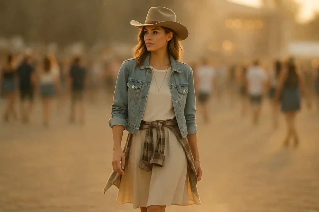 Woman in a chic western-inspired country concert outfit with denim, boots, and layered fabrics in a warm outdoor scene.