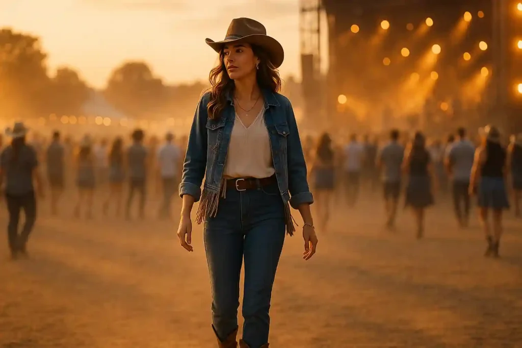 Woman in a stylish country concert outfit with denim, boots, and a cowboy hat at an outdoor western-themed music event.