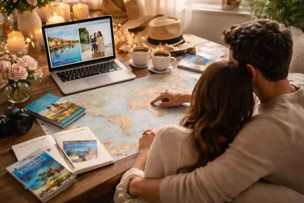 Couple planning honeymoon destinations with map, travel guides, and laptop in a cozy, romantic setting.