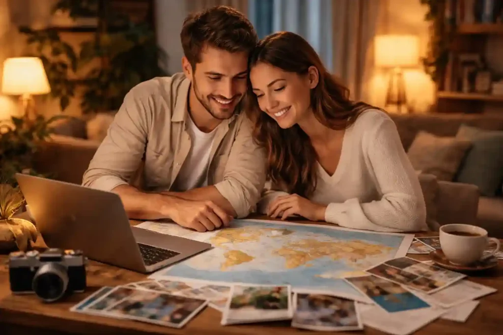 Smiling couple planning the best honeymoon destinations with maps, laptop, and travel brochures on a cozy table.