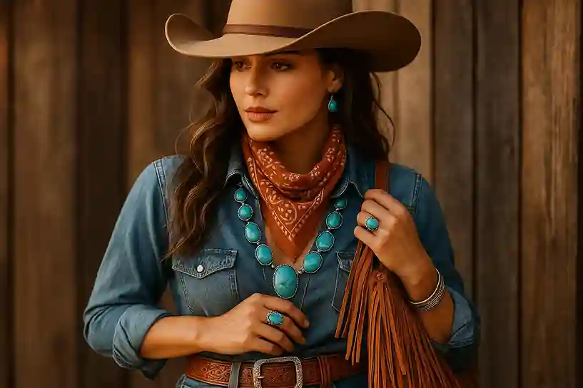 Cowgirl accessories including Western belts, hats, scarves, turquoise jewelry, and fringe bags styled with denim and suede for classic Western flair.