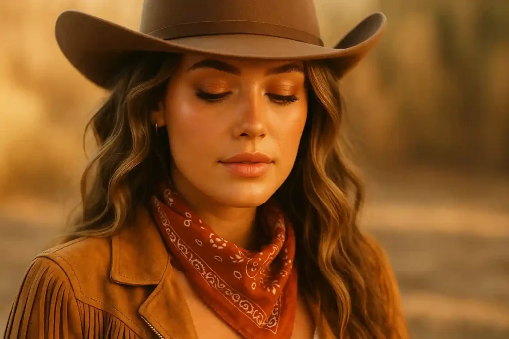Cowgirl-inspired hair and makeup with loose curls, braids, soft bronzer, warm eye tones, and nude or coral gloss for a natural Western look.