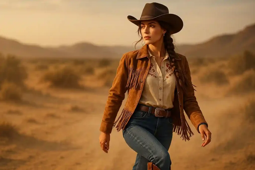 Cowgirl outfit with denim, fringe jacket, cowboy hat, and leather boots in a warm Western desert scene showcasing bold, confident style.
