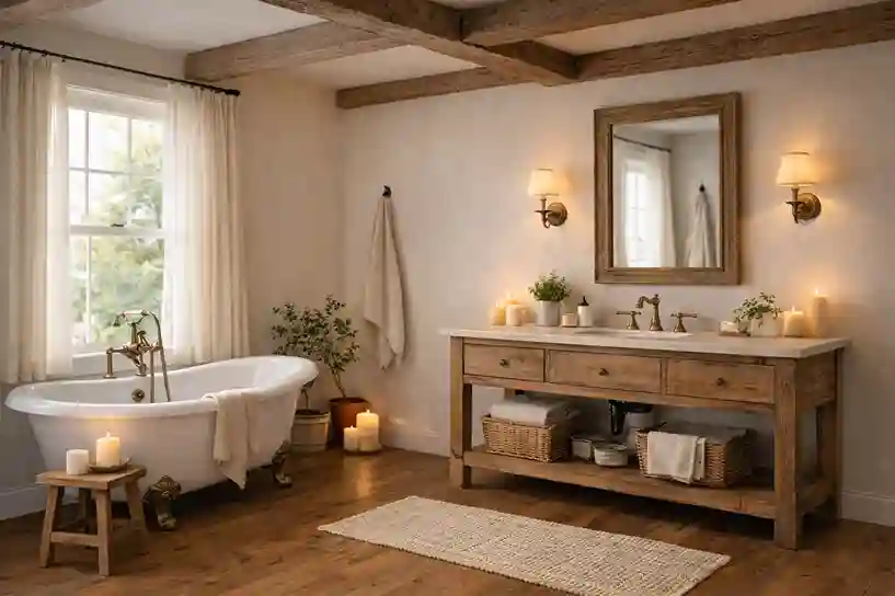 Cozy farmhouse spa bathroom with wood beams, soft lighting, freestanding tub, linen textiles, and natural greenery.