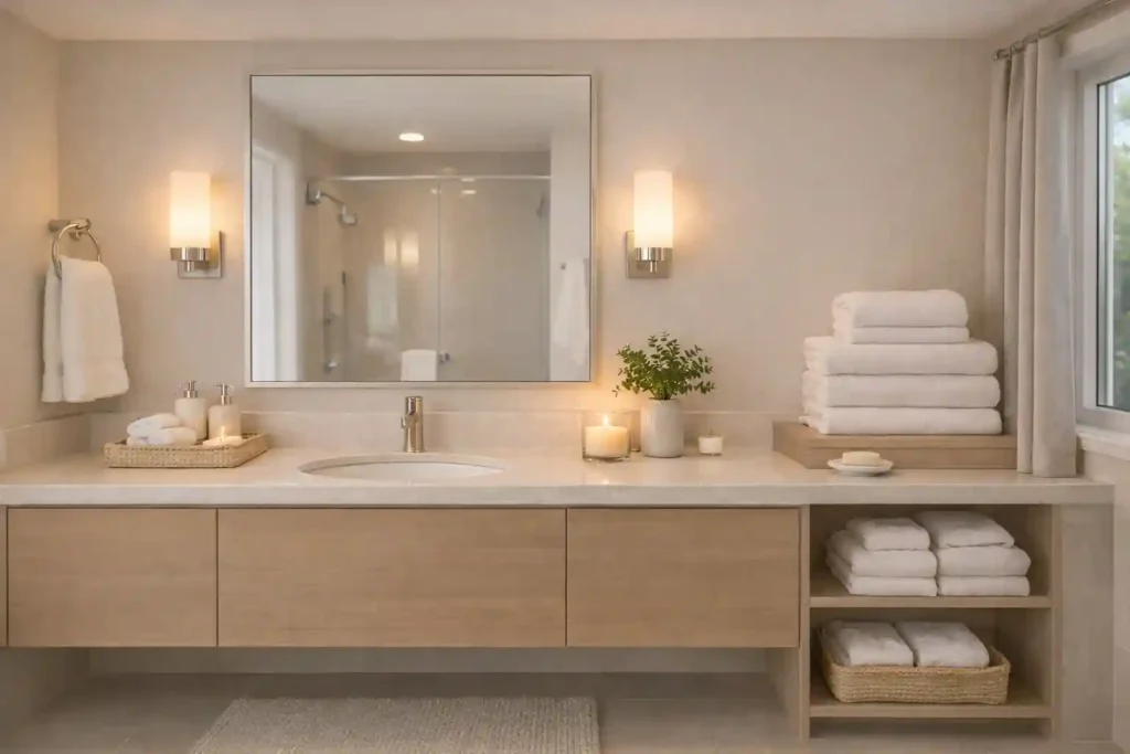 Cozy guest bathroom with plush towels, soft textiles, warm lighting, neutral colors, and natural wood accents